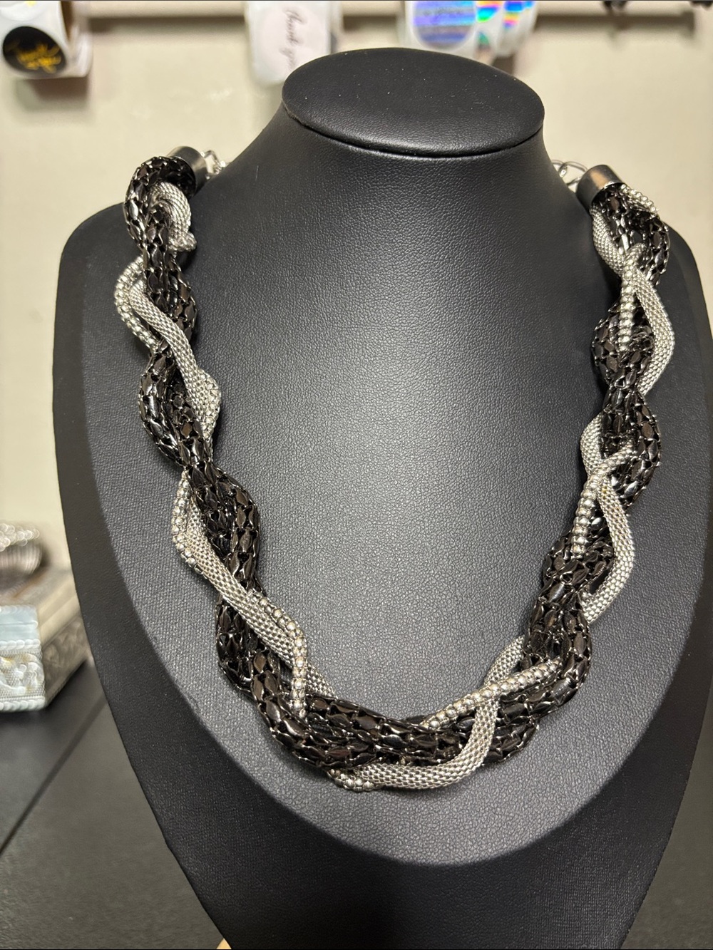 Braided Two-Tone Chain Necklace - Silver and Black